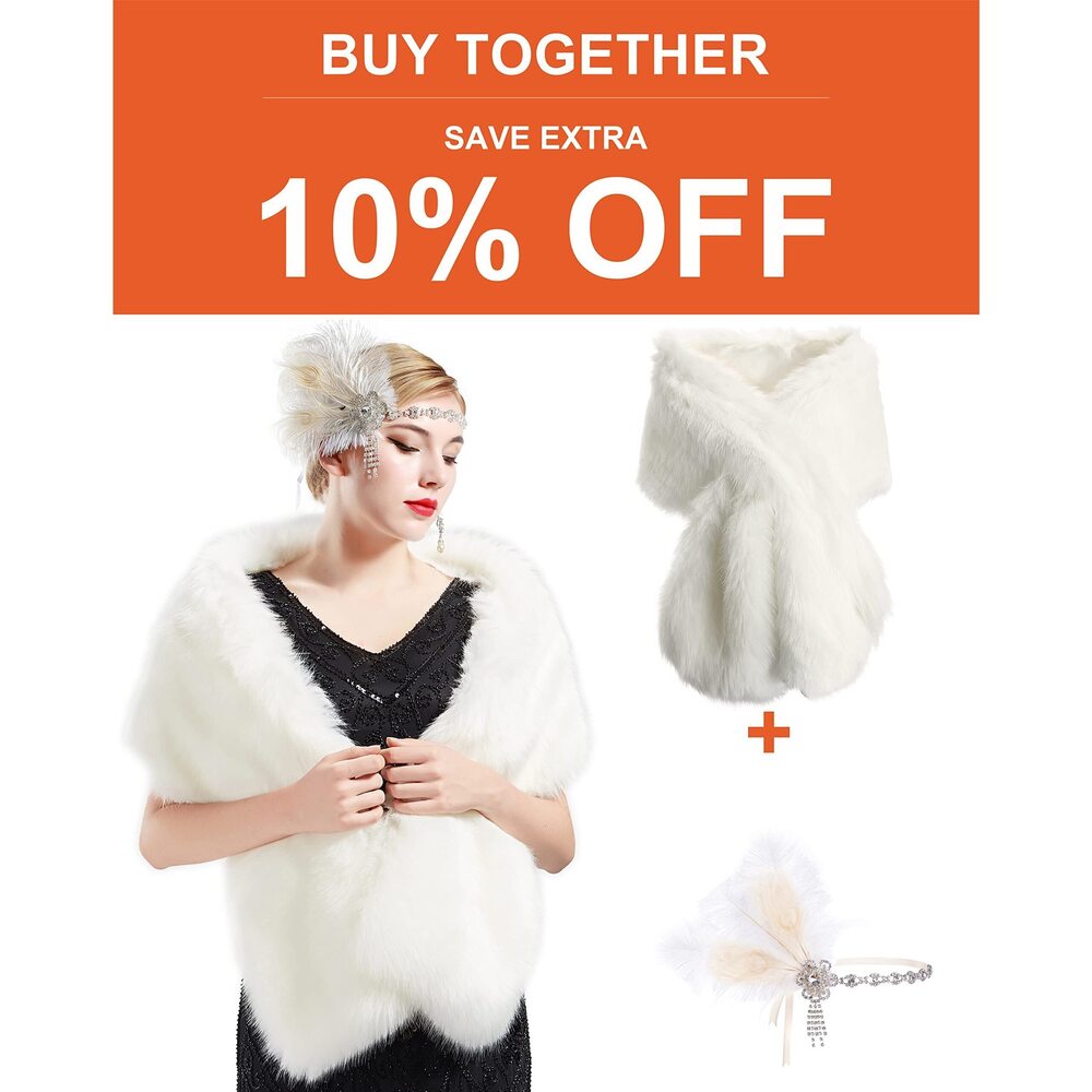 2759 Women's Faux Fur Collar Shawl And Flapper Headband Roaring